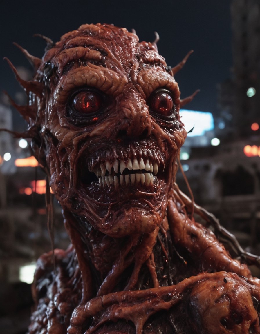 Hyperrealistic art RAW analog photo of humanoid neuraliisma organism, looking at viewer, big smile, lava skin, cyberpunk city at night on background (sharp focus, hyper detailed, highly intricate, physically based unbiased rendering), 
,InBlackHoleTechAI,made of r3psp1k3s,fx-monsters-xl-meatsack