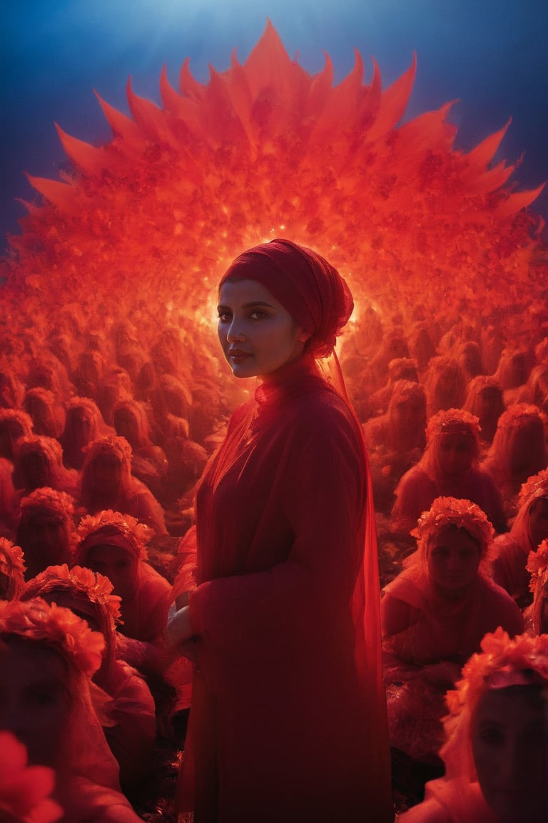 In the center of a vast crowd, one woman stands out in her vibrant red plastic dress and headscarf, surrounded by numerous other individuals also plastic dressed in bright red. The sea of glowing red flower extends far into the background, creating a striking contrast with the central figure.,Movie Still,FlowerStyle,dark,zavy-rmlght