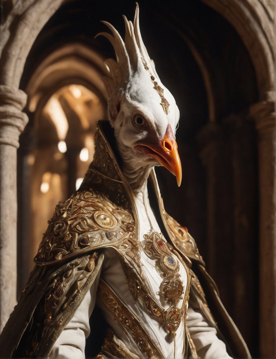 Ultra-realistic 8k CG, masterpiece, best quality, (((ermine wear inquisitor robe))), bite off head of a chicken, medieval Cathedral, dead eyes, still life, high detailed, beautiful intricately and detailed, DOF,      
,GHTEN,science fiction,futuristic alien