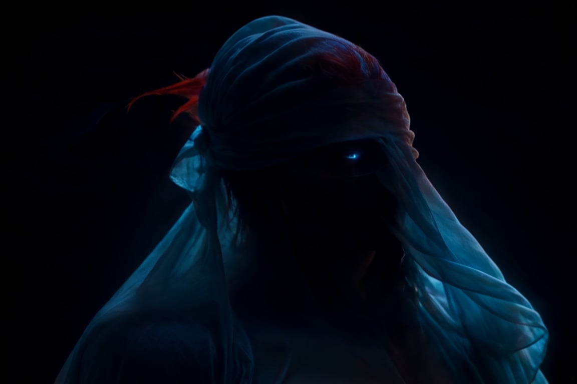 full body profile, a man wrapped his whole body with flowing soft cloth, His eyes covered by a translucent cloth, blindfolded, eyes glowing blue through the cloth, mystery and intrigue. His magical long red hair is spiky, hair is glowing, dark, ethereal quality, expressive, artistic, aesthetic, volumetric lighting, , , , 
,chiaroscuro,neon photography style