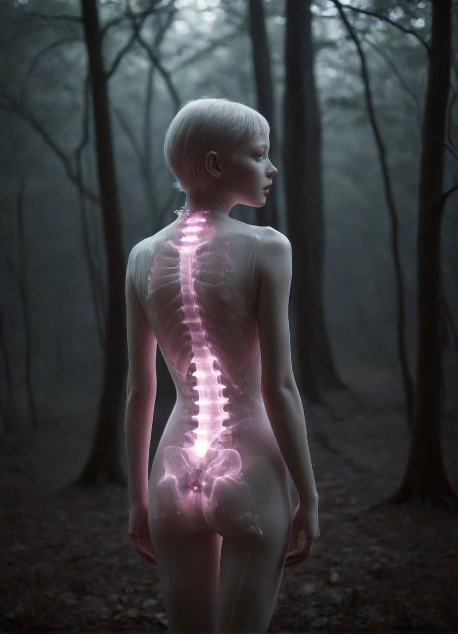 (style of James Jean and Hajime Sorayama),from behind,full body shot of an albino woman with transparent skin,glowing pink neon skeleton visible through the translucent dress in dark woods at night,soft misty light,Infrared Photos,film grain,
Cel Shading,Super-Resolution,Intricate Details,Insane Details,Hyper-detailed,
,
,zavy-rmlght,tranzp