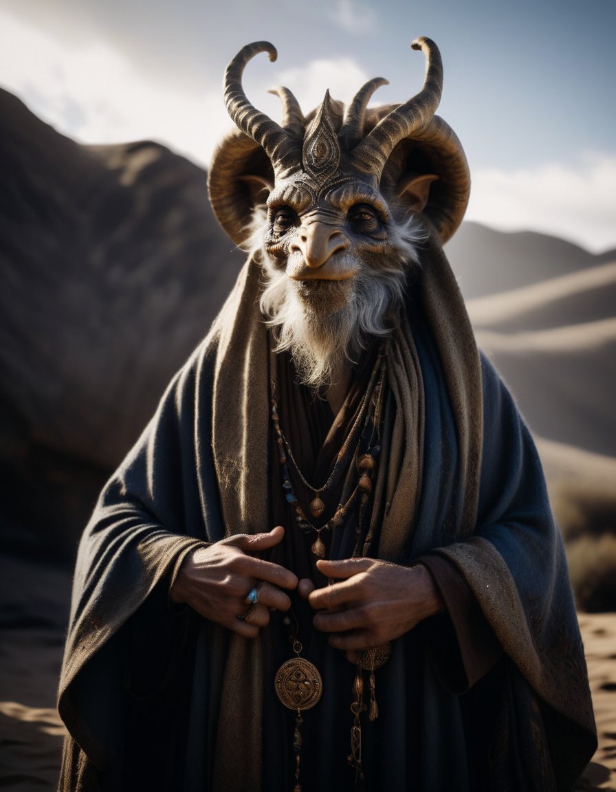 cinematic close up shot, powerful pose, intimidating look, a fantastical creature that blends the best of human, animal, and mythical traits, wearing a worn out robe, worn out old mage outfit, worn out scarfs flying in the air around the neck,
