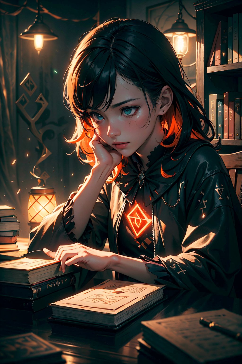 a demon girl mixing potion and stuff with his magical friend owl, in a room field with books and potions, lamp on his sidee while working, glowing runes are floating on the book, elaborate scene style, glitter, orange, realistic style, 8k,exposure blend, medium shot, bokeh, (hdr:1.4), high contrast, (cinematic, orange and white film), (muted colors, dim colors, soothing tones:1.3), low saturation, (hyperdetailed:1.2), (noir:0.4),GlowingRunes_red