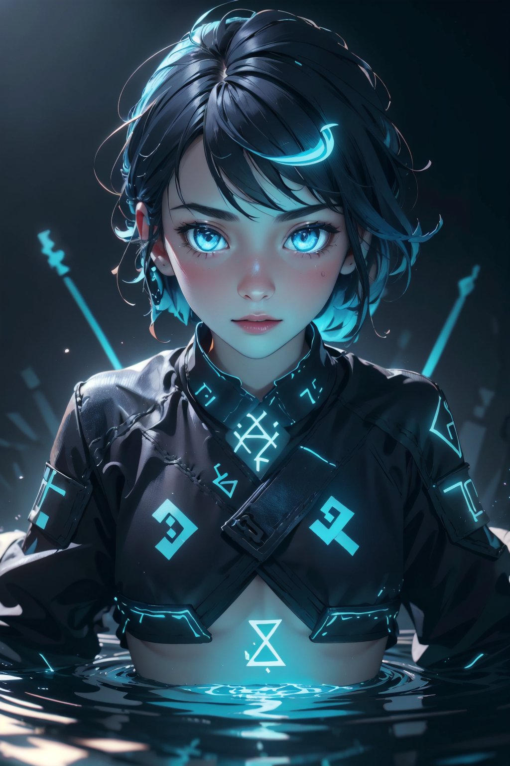 Highres, best quality, extremely detailed, area lighting in background, HD, 8k, extremely intricate:1.3), realistic, SMALL BODY, CUTE, (portrait:1.2) runes, glowing, blue, full body, stomach runes,GlowingRunes_blue