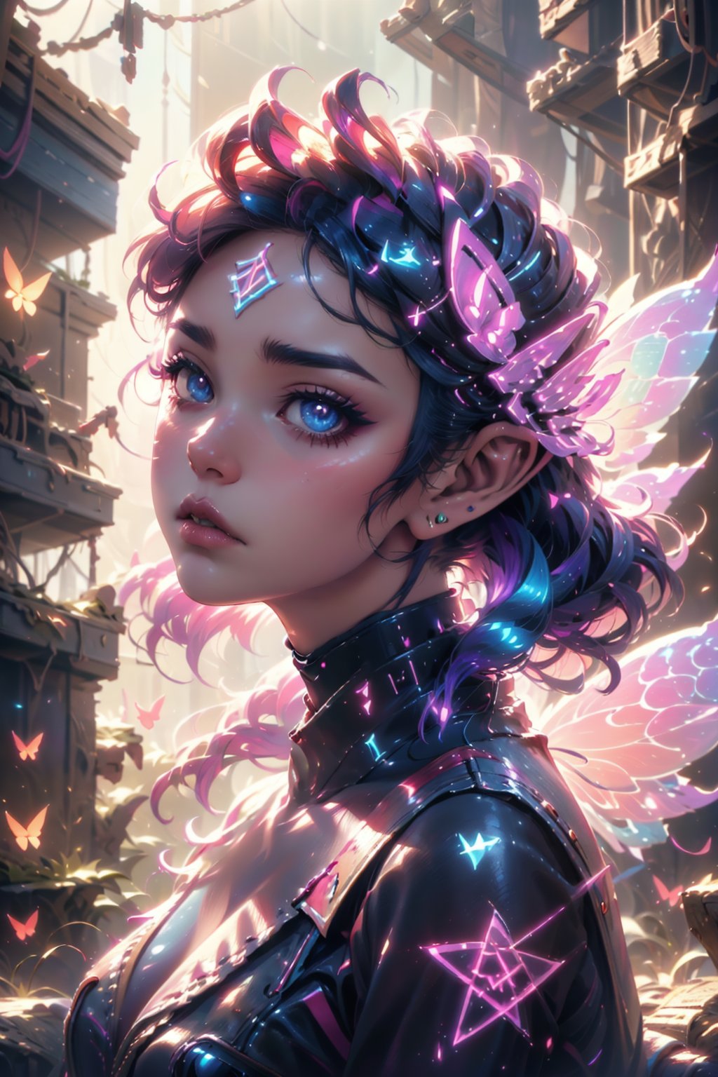 fairy, butterfly_wings,gem,vibrant colors, (((cyberpunk style))), looking_at_viewer , facing front, sad, night, soft lighting, Detailedface, (portrait:1.2), GlowingRunes_blue