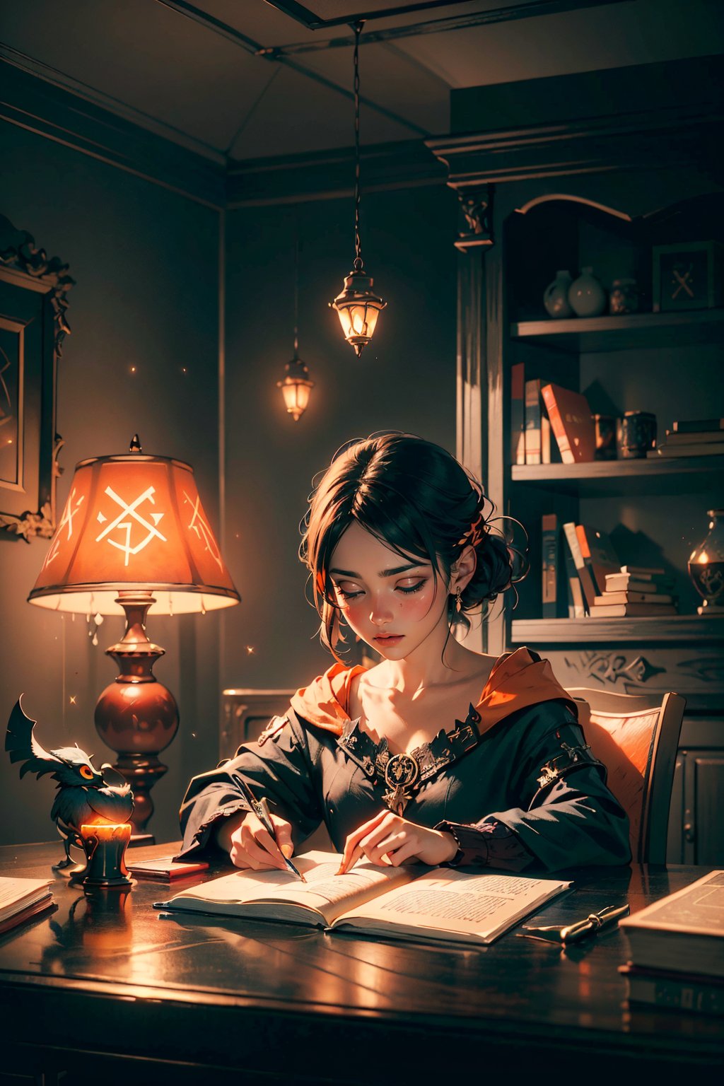 a demon girl mixing potion and stuff with his magical friend owl, in a room field with books and potions, lamp on his sidee while working, glowing runes are floating on the book, elaborate scene style, glitter, orange, realistic style, 8k,exposure blend, medium shot, bokeh, (hdr:1.4), high contrast, (cinematic, orange and white film), (muted colors, dim colors, soothing tones:1.3), low saturation, (hyperdetailed:1.2), (noir:0.4),GlowingRunes_red
