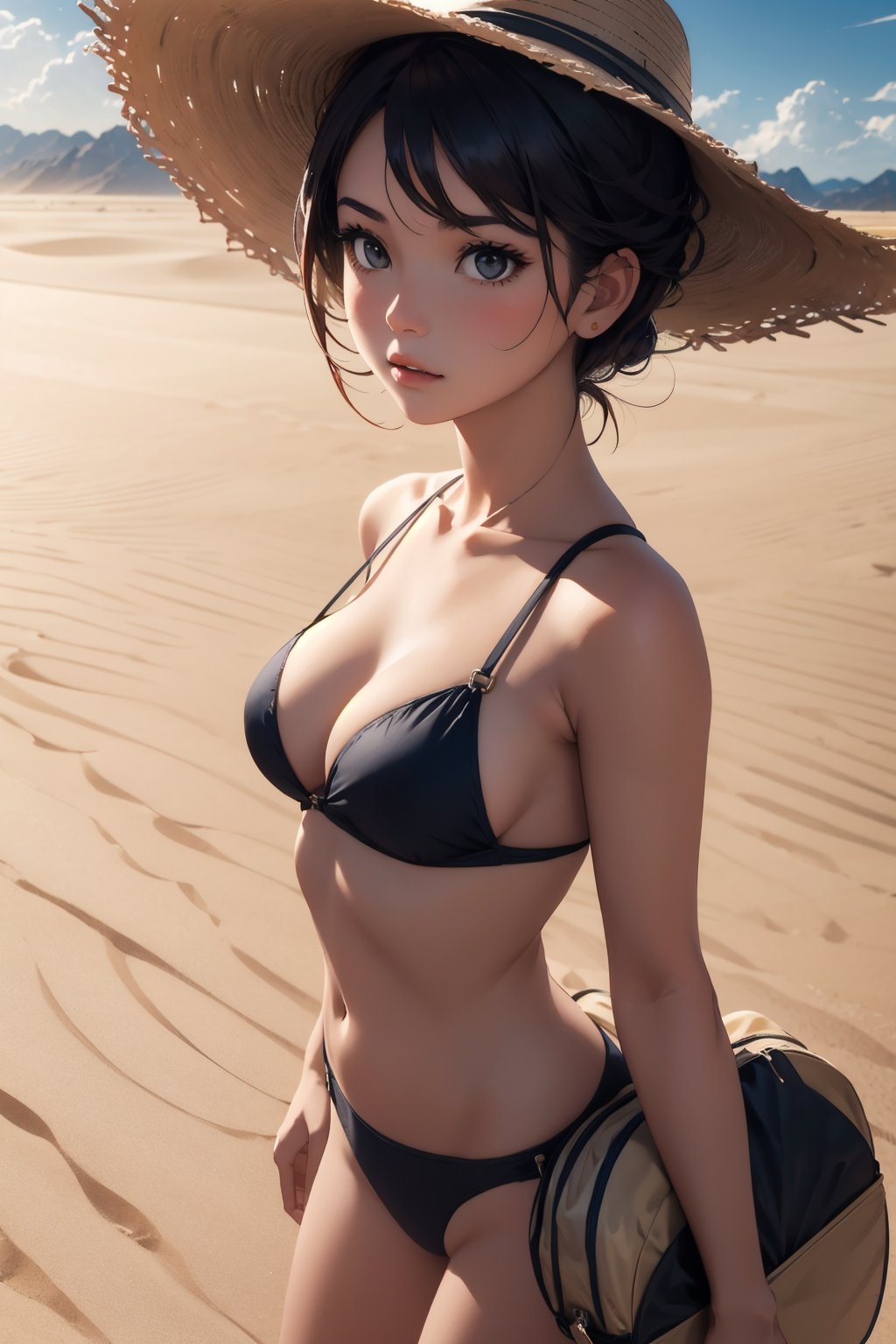 Masterpiece, 1girl, A brave explorer stands at the edge of a vast desert, wearing a wide-brimmed hat and carrying a pack on her back. She gazes out over the endless expanse of sand with determination, ready to uncover its secrets cleavage