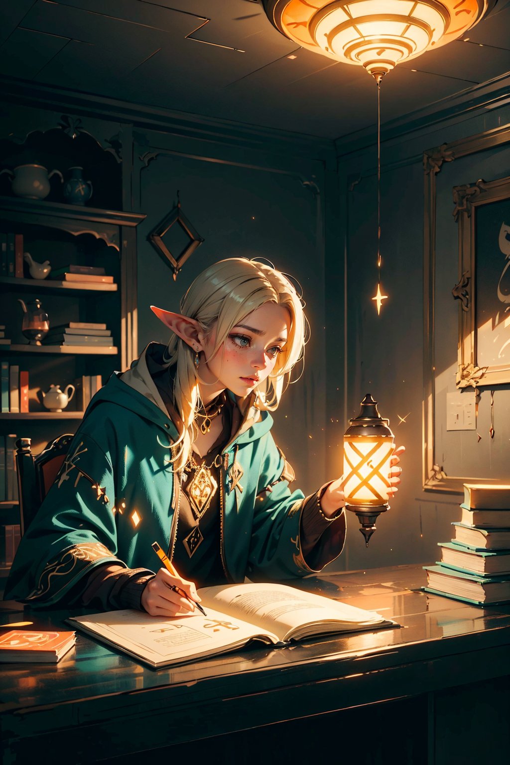 a light elf mixing potion and stuff with his magical friend owl, in a room field with books and potions, lamp on his sidee while working, glowing runes are floating on the book, elaborate scene style, glitter, orange, realistic style, 8k,exposure blend, medium shot, bokeh, (hdr:1.4), high contrast, (cinematic, orange and white film), (muted colors, dim colors, soothing tones:1.3), low saturation, (hyperdetailed:1.2), (noir:0.4),GlowingRunes_yellow