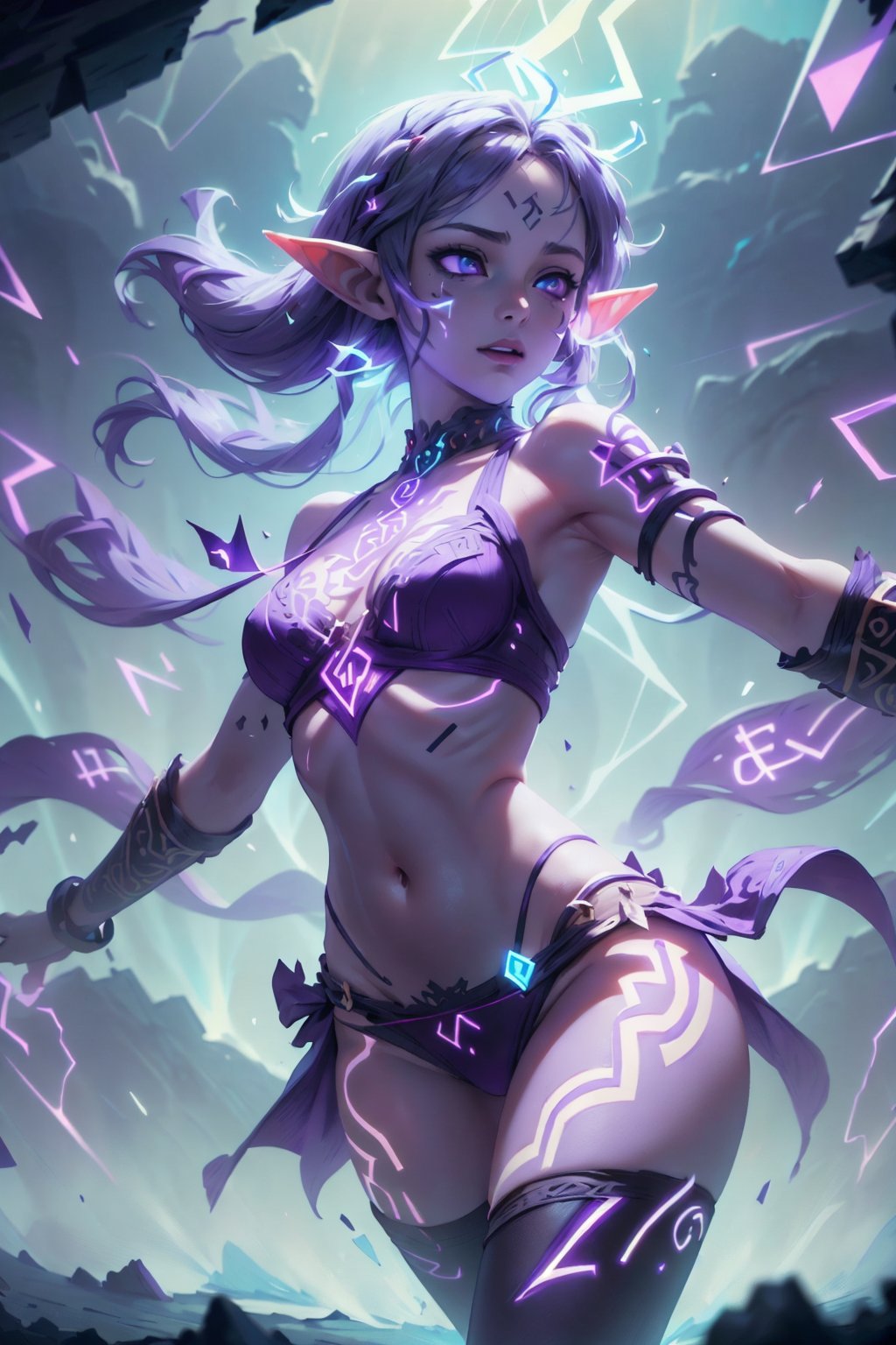 (masterpiece, best quality), intricate details, perfectly drawn face, 1 girl, elf, (revealing_clothes:1.2),GlowingRunes_purple, glowing runes, body runes, stomach, dynamic pose, cowboy_shot, lightningmagicAI