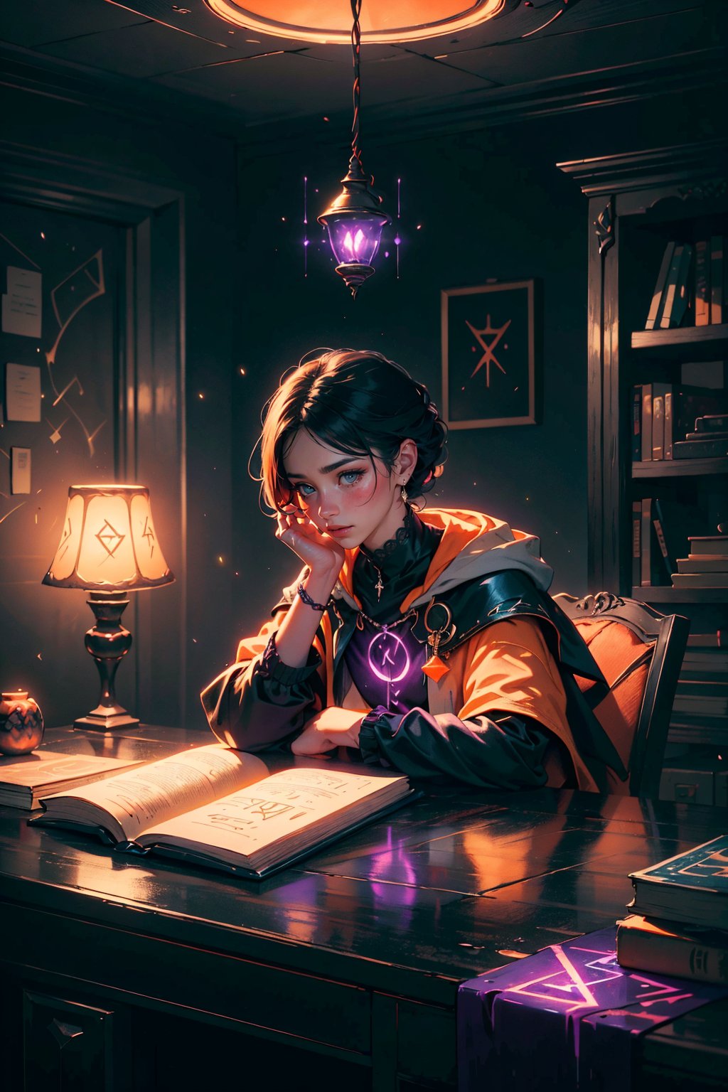 mage mixing potion and stuff with his magical friend owl, in a room field with books and potions, lamp on his sidee while working, glowing runes are floating on the book, elaborate scene style, glitter, orange, realistic style, 8k,exposure blend, medium shot, bokeh, (hdr:1.4), high contrast, (cinematic, orange and white film), (muted colors, dim colors, soothing tones:1.3), low saturation, (hyperdetailed:1.2), (noir:0.4),GlowingRunes_purple