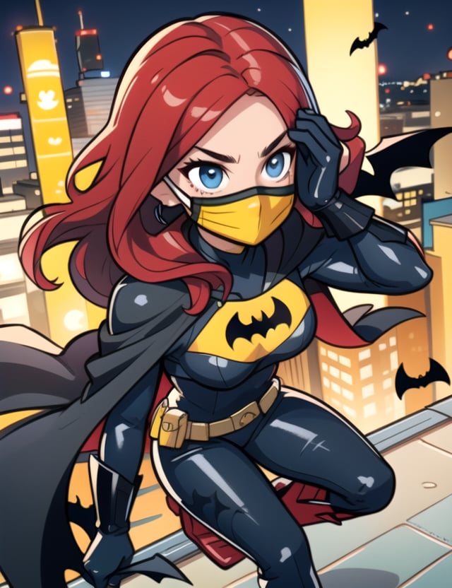 Batgirl, centered, (full black leather body suit, yellow bat symbol across the chest),  (black domino mask covers her upper face:1.2), a long black cape | (long red hair:1.5), light blue eyes, | on a rooftop at midnight, prepares to throw a Batarang, yellow utility belt, yellow gloves, and yellow boots