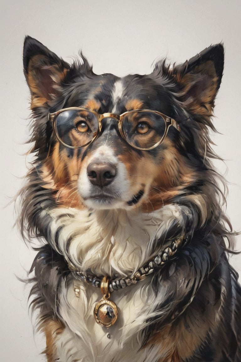 AP,glasses,no humans,dog,collie,realistic,white background,simple background,solo, animal focus,necklace,jewelry,brown eyes,animal,looking at viewer, professional, studio shot, ,Manga style illustration
