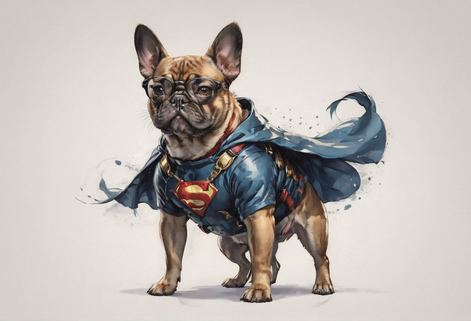 AP,glasses,no humans,dog, french bulldog wearing a superhero costume,realistic,white background,simple background,solo, four legs, animal focus,brown eyes,animal,looking at viewer, professional, studio shot, ,Manga style illustration
