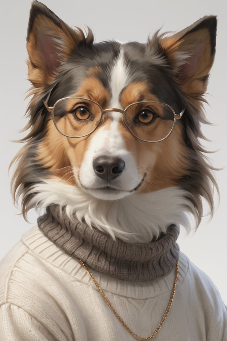 AP,glasses,no humans,dog,collie,realistic,white background,simple background,sweater,solo,animal focus,necklace,jewelry,(turtleneck sweater:1.3),brown eyes,animal,looking at viewer,
, professional, studio shot,  
,Manga style illustration
