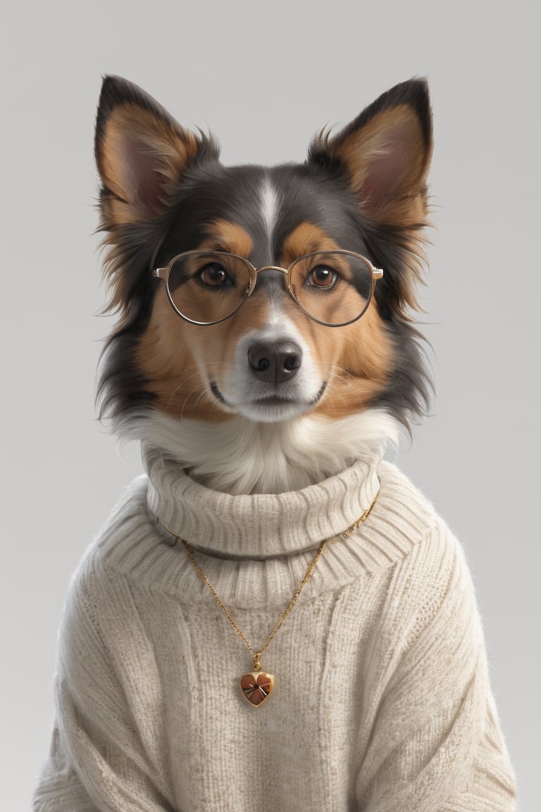 AP,glasses,no humans,dog,collie,realistic,white background,simple background,sweater,solo,animal focus,necklace,jewelry,(turtleneck sweater:1.3),brown eyes,animal,looking at viewer,
