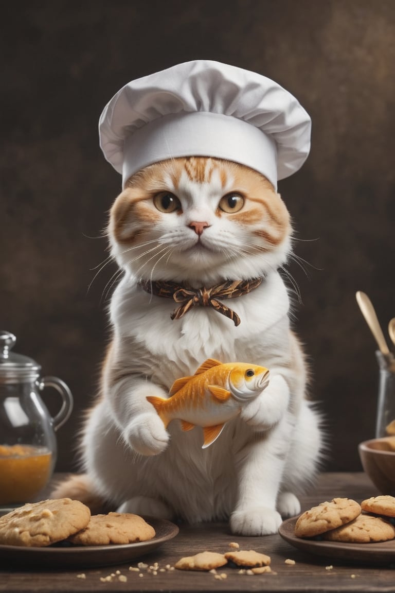 cute chef cat holding a fish-shaped cookie. The cat should be wearing a traditional chefâs hat and apron, have a joyful expression on its face. The fish-shaped cookie should be freshly baked, with a golden-brown color and sugar sprinkles for decoration, home kitchen, with various cooking utensils and ingredients scattered around, colorful and charming, sense of warmth and whimsy, , , lora:detailed_notrigger:0.5>
