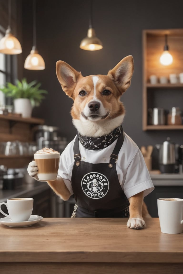 cute barista dog holding a cup of cappuccino. The dog should be wearing a traditional barista apron, have a joyful expression on its face. The cappuccino should have a perfect layer of froth on top with a cute paw print latte art, modern coffee shop with various coffee-making equipment and ingredients scattered around, colorful and charming, sense of warmth and whimsy, , , lora:detailed_notrigger:0.5>
