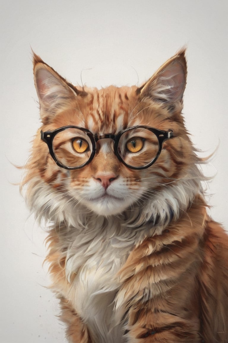 AP,glasses,no humans,orange cat,realistic,white background,simple background,solo, animal focus,brown eyes,animal,looking at viewer, professional, studio shot, ,Manga style illustration
