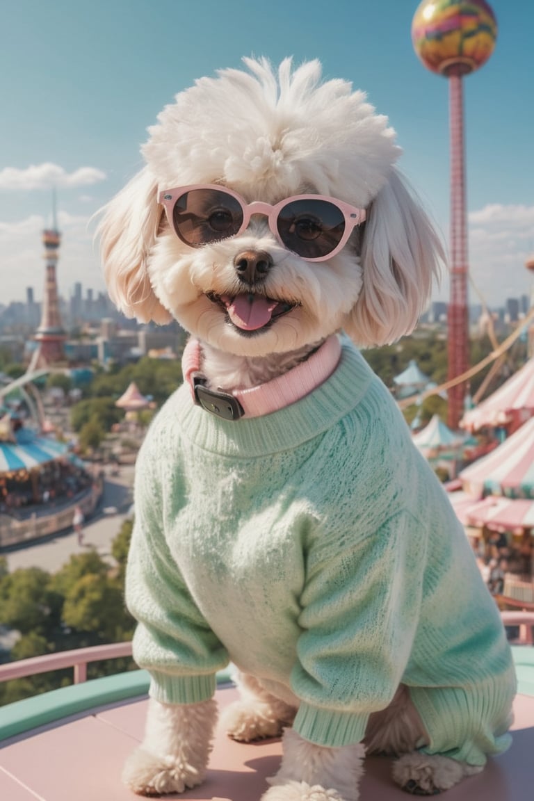 high angle view, selfie shot, anthropomorphic An Bichon Frise dog wearing light green and light pink sweater and pants, sunglasses, sky and Amusement park background, in the style of sun-soaked colors, street fashion, Casual costumes, anthropomorphic, realistic animal portraits, ultra wide shot, look up, long shot, bokeh, clean background trending, high detail ,hyper quality, high resolution
