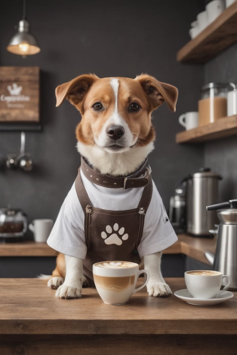 cute barista dog holding a cup of cappuccino. The dog should be wearing a traditional barista apron, have a joyful expression on its face. The cappuccino should have a perfect layer of froth on top with a cute paw print latte art, modern coffee shop with various coffee-making equipment and ingredients scattered around, colorful and charming, sense of warmth and whimsy, , , lora:detailed_notrigger:0.5>
