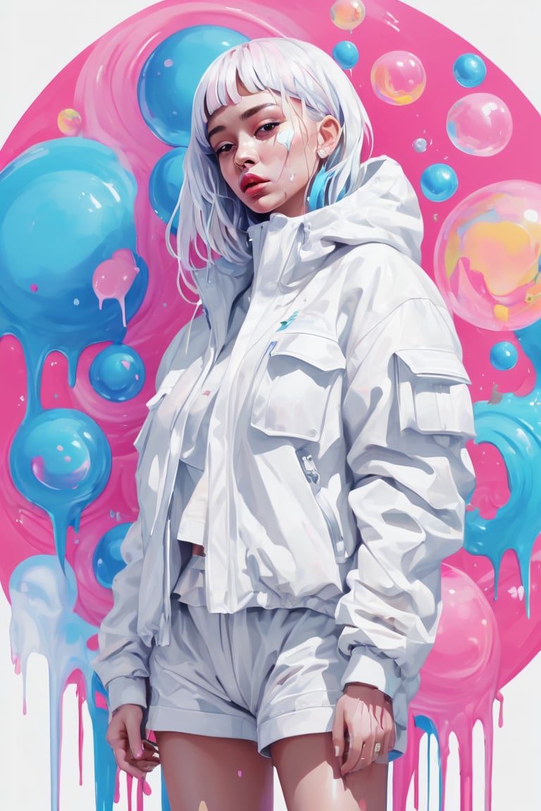 dripping paint,abstract,gouche,white,totally white,pastel colors,(bubble drip)1girl with techwear clothes,sexy,circular shapes on background,melt,vaporwave style,