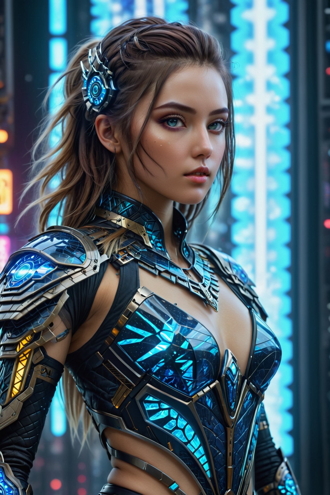 ((Generate hyper realistic image of captivating scene featuring a stunning sexy and seductive cyberpunk semi robotic girl, (high quality), masterpiece, (intricate details) blue fractal light efect, highly detailed, vibrant, production film, ultra high quality, photography style, (((Image in warm tones,))) Extremely Realistic,F41Arm0rXL 