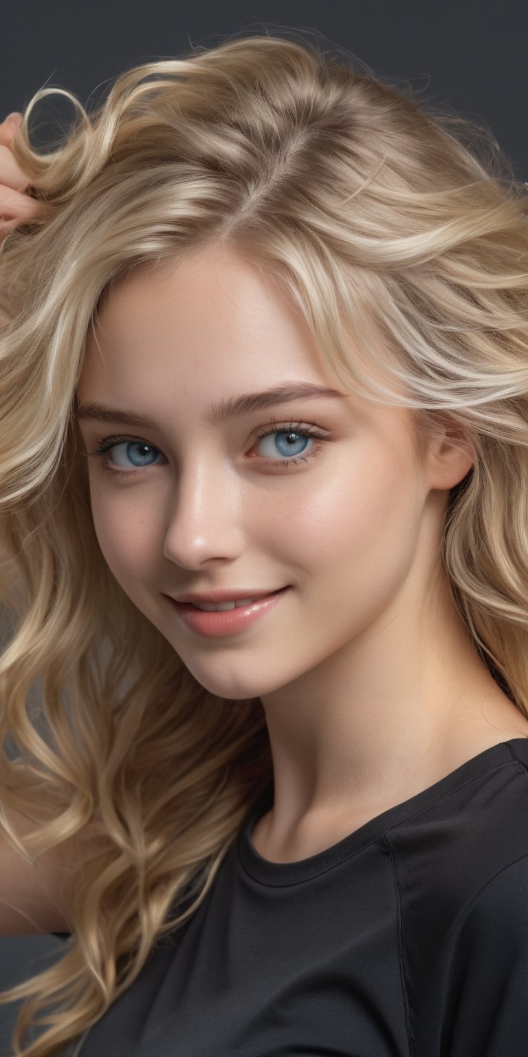 ((Generate hyper realistic half body portrait of  captivating scene featuring a stunning 20 years old girl,)) ((semi side view,)) with medium long blonde hair,  flowing curls, little smile, donning a sport shorts and a black shirt, ((with arms raised playing with his hair,))  piercing, blue eyes, photography style , Extremely Realistic,  ,photo r3al