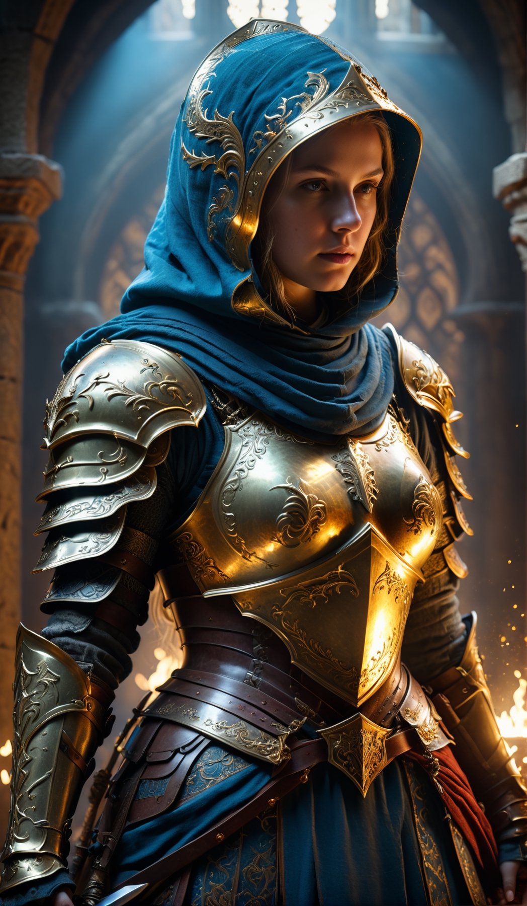 epic composition, cinematic lighting, masterpiece, a medieval girl knight, preparing for a fight, wearing hooded dark robes, and a intrincate dark armor with elaborated golden ornaments, dynamic action pose, frontal shot, medieval war background, full body portrait, dim volumetric lighting, 8k octane beautifully detailed render, extremely hyper-detailed, intricate, stunning Detailed matte painting, deep color, fantastical, intricate detail, complementary colors, fantasy concept art, 8k resolution trending on Artstation Unreal Engine 5, bioluminescent, holographic, Volumetric light, rays, blue tones,