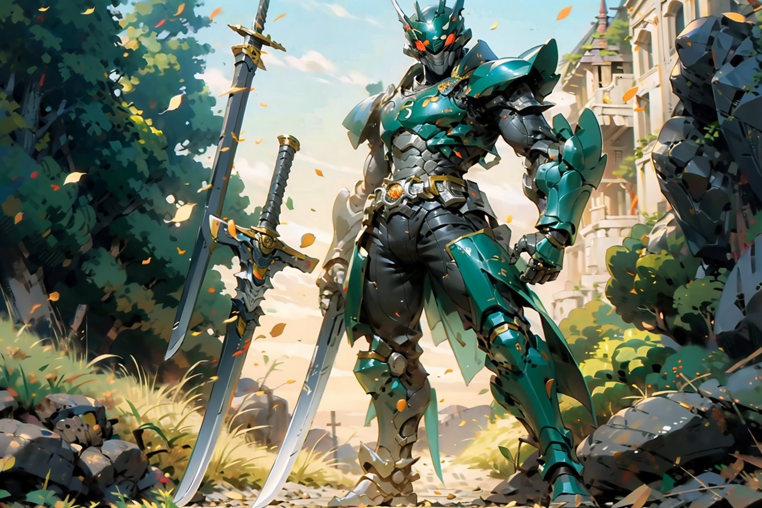 a Kamen rider dressed in mech armor holding a lightcaber sword, inspired by Li Chevalier, shutterstock, mechanized soldier, pvc armor, black full plate armor, full plate armor with cloth, green armor, pale black armor, full body plated armor, legendary armor, full-body armor,Kamen_Rider_Black_RX