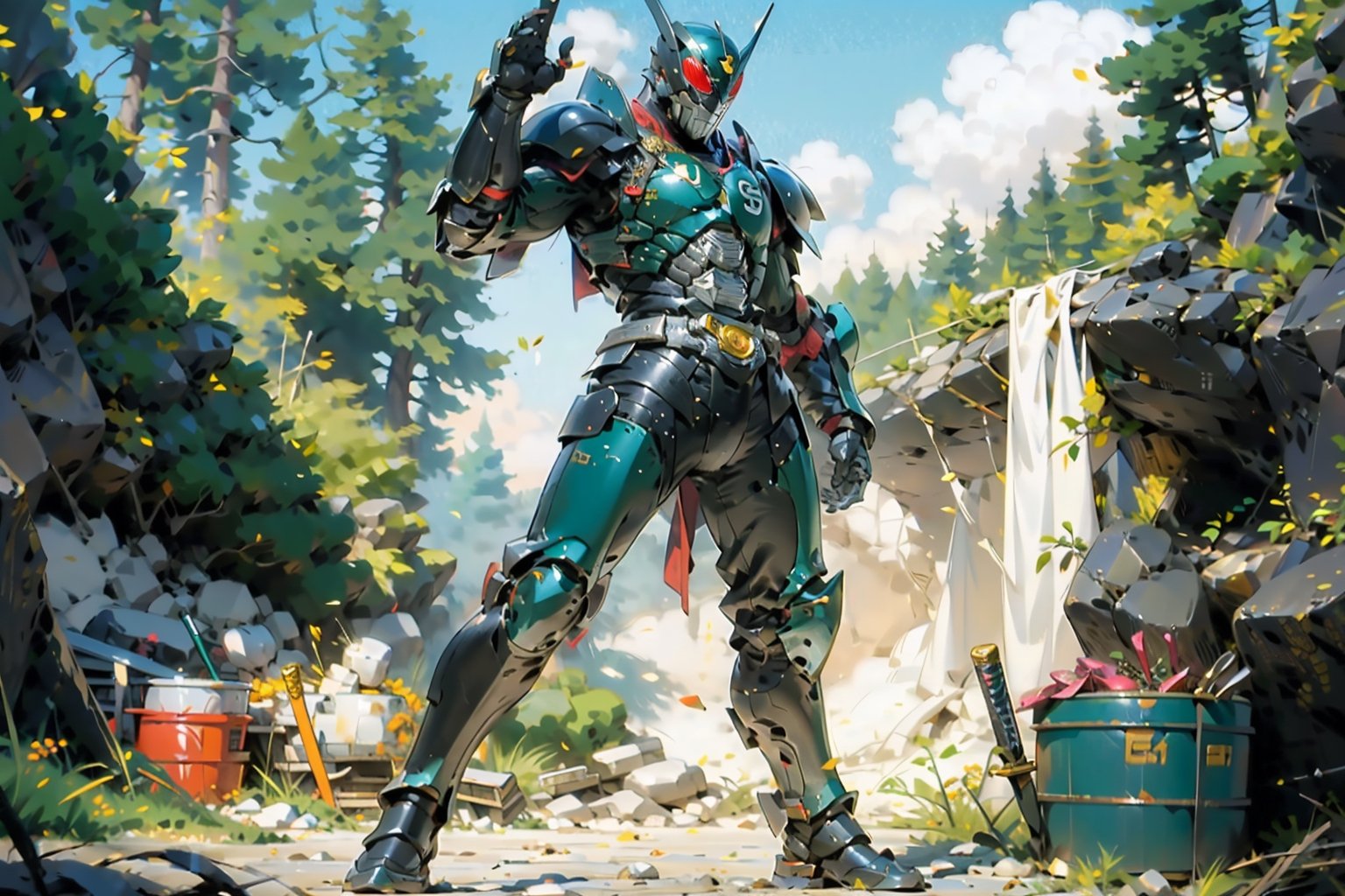 a Kamen rider dressed in mech armor holding a minigun sword, inspired by Li Chevalier, shutterstock, mechanized soldier, pvc armor, black full plate armor, full plate armor with cloth, green armor, pale black armor, full body plated armor, legendary armor, full-body armor,Kamen_Rider_Black_RX