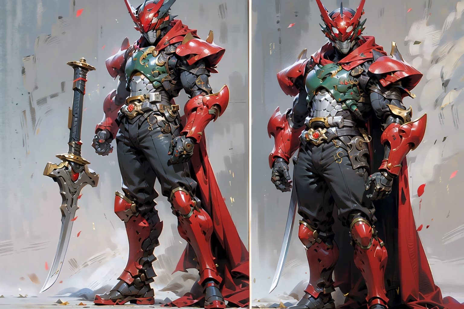 a Kamen rider dressed in mech red dragon armor holding a lightcaber sword, inspired by Li Chevalier, shutterstock, mechanized soldier, pvc armor, red full plate armor, full plate armor with cloth, red armor, pale red armor, full body plated dragon armor, legendary armor, full-body armor,Kamen_Rider_Black_RX