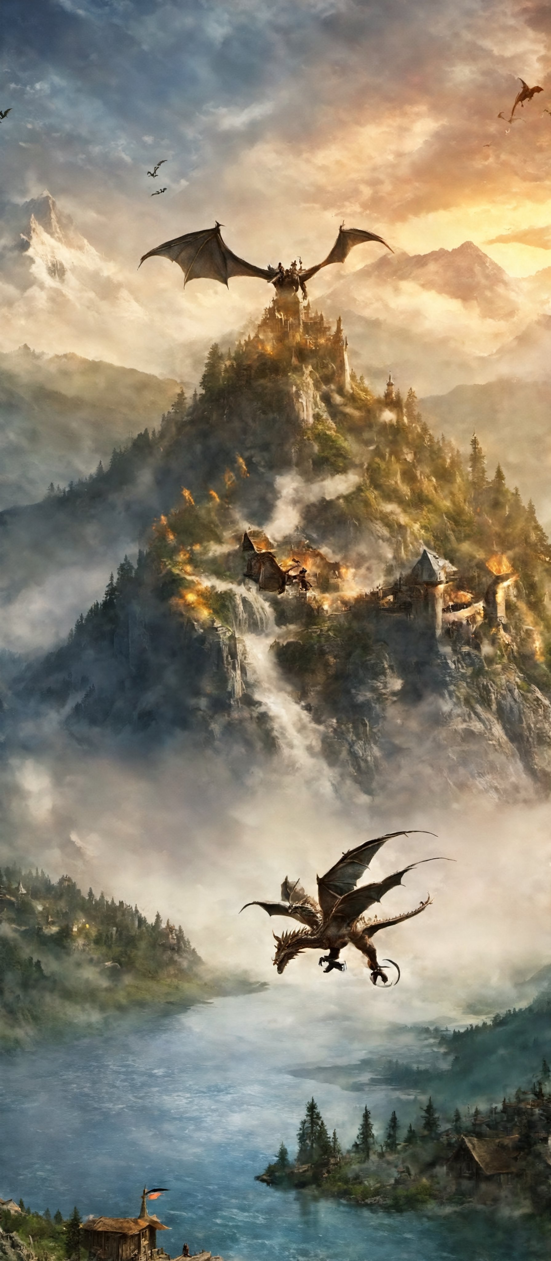 Creating a cool phone wallpaper: A stunning woman embarking on an epic adventure, A village, a lake, a forest, and a mountainous terrain, The sky adorned with a flying dragon, Inspired by the game Skyrim's fantasy world,Movie Still,steampunk style,EpicSky,6000