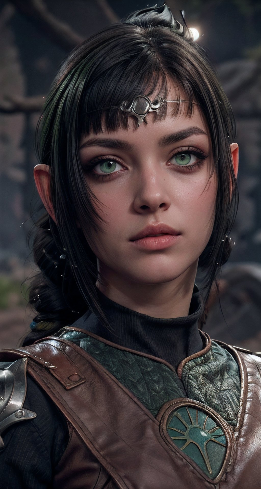 {{masterpiece}}}, {{{best quality}}}, {{{ultra-detailed}}}, {cinematic lighting}, {illustration}, 1girl, shadowheart, green eyes, sexy breasts, pretty eyes, deep green eyes, parted lips, black hair, 
