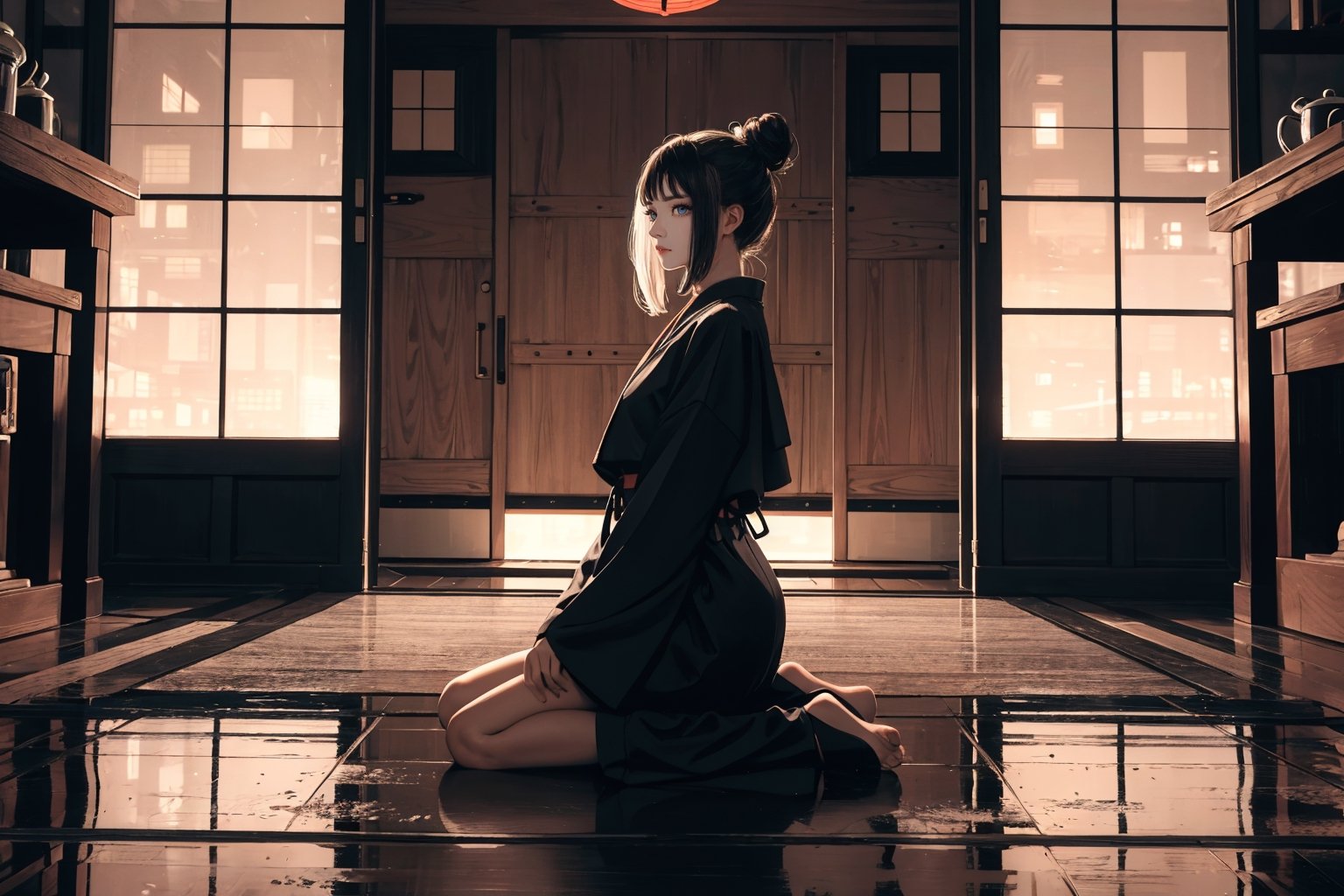 {{{masterpiece}}}, {{{best quality}}}, {{{ultra-detailed}}}, {cinematic lighting}, {illustration}, 1girl,long hair,hair bun,kneeling on the tatami,side view,wearing a black wafuku,Light through a Japanese door behind the model,reflection on the floor,low key light,looking forward,eyes covered by hair,