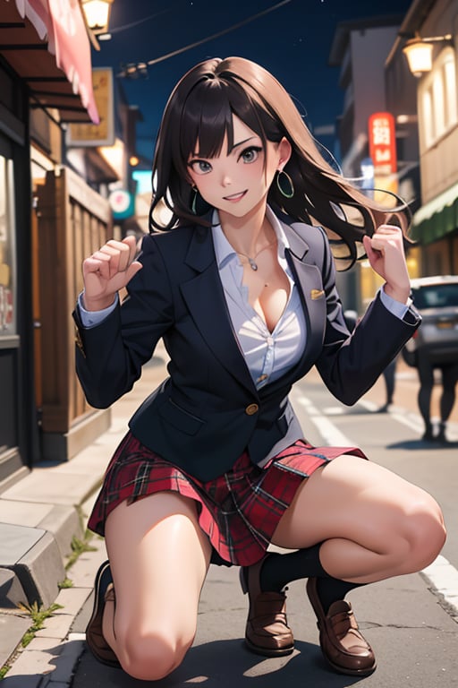 ((masterpiece,best quality, detailed)), 1girl, solo, outdoors, street, fighting stance, serious, night,
ryofu housen, magatama earrings, blazer, plaid skirt, loose socks, loafers, single earring, smile, parted lips, white socks, cleavage, clenched hands, hand up,mano aloe