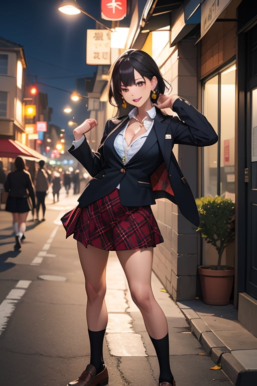 ((masterpiece,best quality, detailed)), 1girl, solo, outdoors, street, fighting stance, serious, night,
ryofu housen, magatama earrings, blazer, plaid skirt, loose socks, loafers, single earring, smile, parted lips, white socks, cleavage, clenched hands, hand up,mano aloe