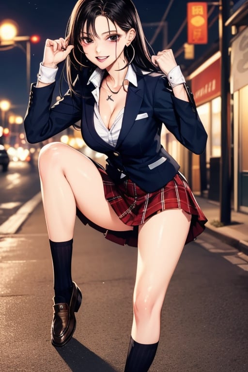 ((masterpiece,best quality, detailed)), 1girl, solo, outdoors, street, fighting stance, serious, night,
ryofu housen, magatama earrings, blazer, plaid skirt, loose socks, loafers, single earring, smile, parted lips, white socks, cleavage, clenched hands, hand up