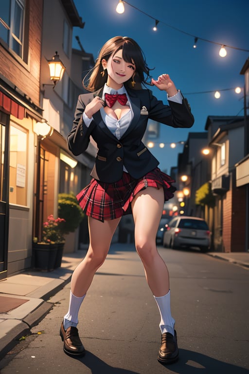 ((masterpiece,best quality, detailed)), 1girl, solo, outdoors, street, fighting stance, serious, night,
ryofu housen, magatama earrings, blazer, plaid skirt, loose socks, loafers, single earring, smile, parted lips, white socks, cleavage, clenched hands, hand up,mano aloe