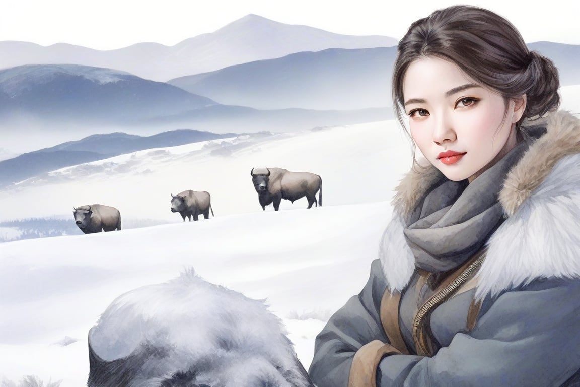 Snow covered Frontier female prospector with her wolf protector, in a resting pose, looking at the camera, on top of a hill overlooking the plains, snow covered buffaloes in the background, frontal shot, hand-drawn watercolour, muted tones, winter landscape, snowing, hyper realistic, golden ratio, Watercolor
