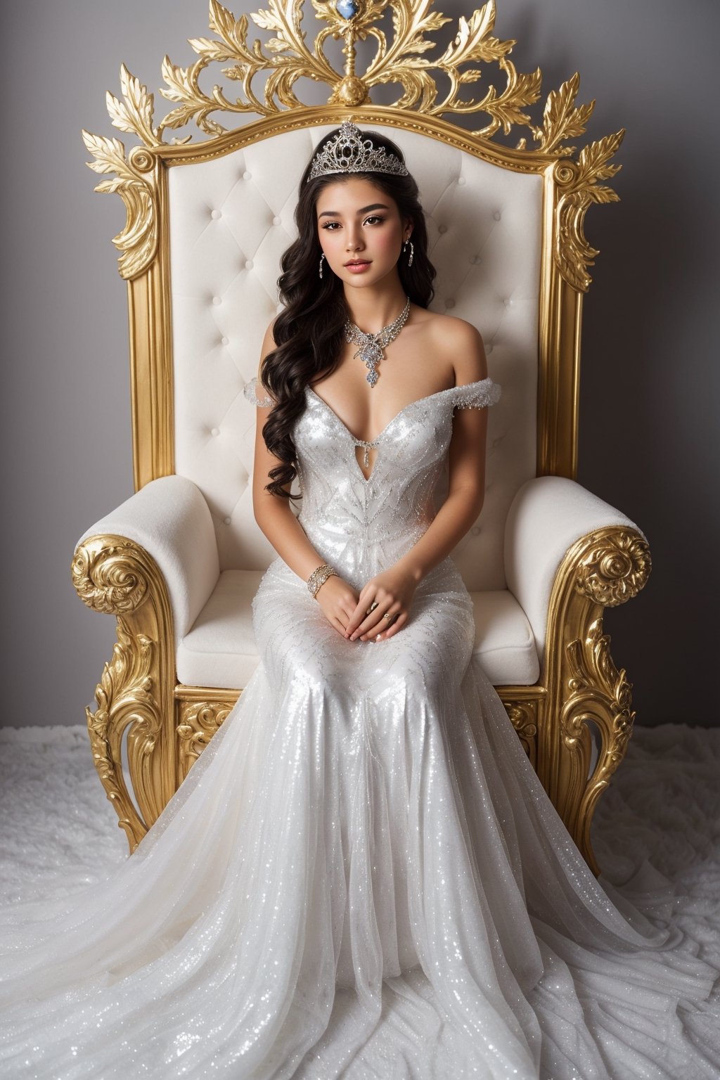  , Snow_Angel, Frozen, ((best quality)), ((masterpiece)), ((realistic)), ((18-year-old girl as a snow angel princess in a fantasy golden throne room, frozen, mystic fog, frost flowers)),{{blowjob}} ,{{cum}} ,In the grandeur of a throne room, an 18-year-old girl embodies the enchantment of a snow angel princess. Adorned with elegant earrings, intricate jewelry, and a tribal tattoo, she exudes a sense of regality and grace. Her flowing hair, infused with a radiant glow, cascades around her, accentuated by an ethereal ice hair ornament and a necklace fashioned from glistening ice. 