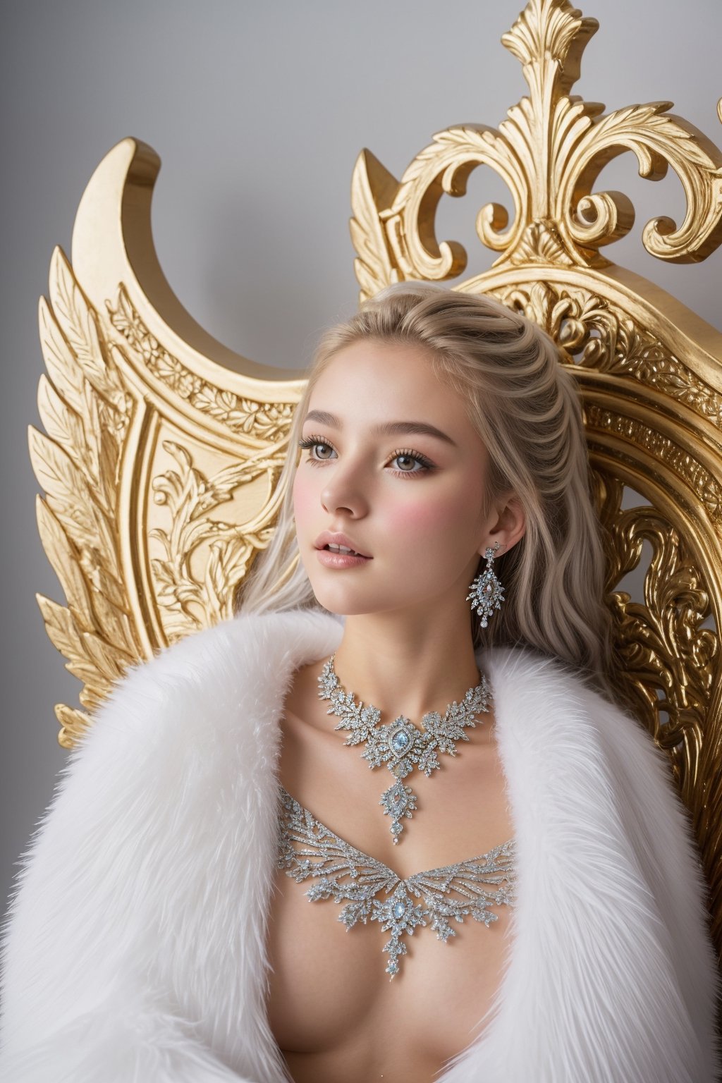  , Snow_Angel, Frozen, ((best quality)), ((masterpiece)), ((realistic)), ((18-year-old girl as a snow angel princess in a fantasy golden throne room, frozen, mystic fog, frost flowers)),{{blowjob}} ,{{cum}} ,In the grandeur of a throne room, an 18-year-old girl embodies the enchantment of a snow angel princess. Adorned with elegant earrings, intricate jewelry, and a tribal tattoo, she exudes a sense of regality and grace. Her flowing hair, infused with a radiant glow, cascades around her, accentuated by an ethereal ice hair ornament and a necklace fashioned from glistening ice. 