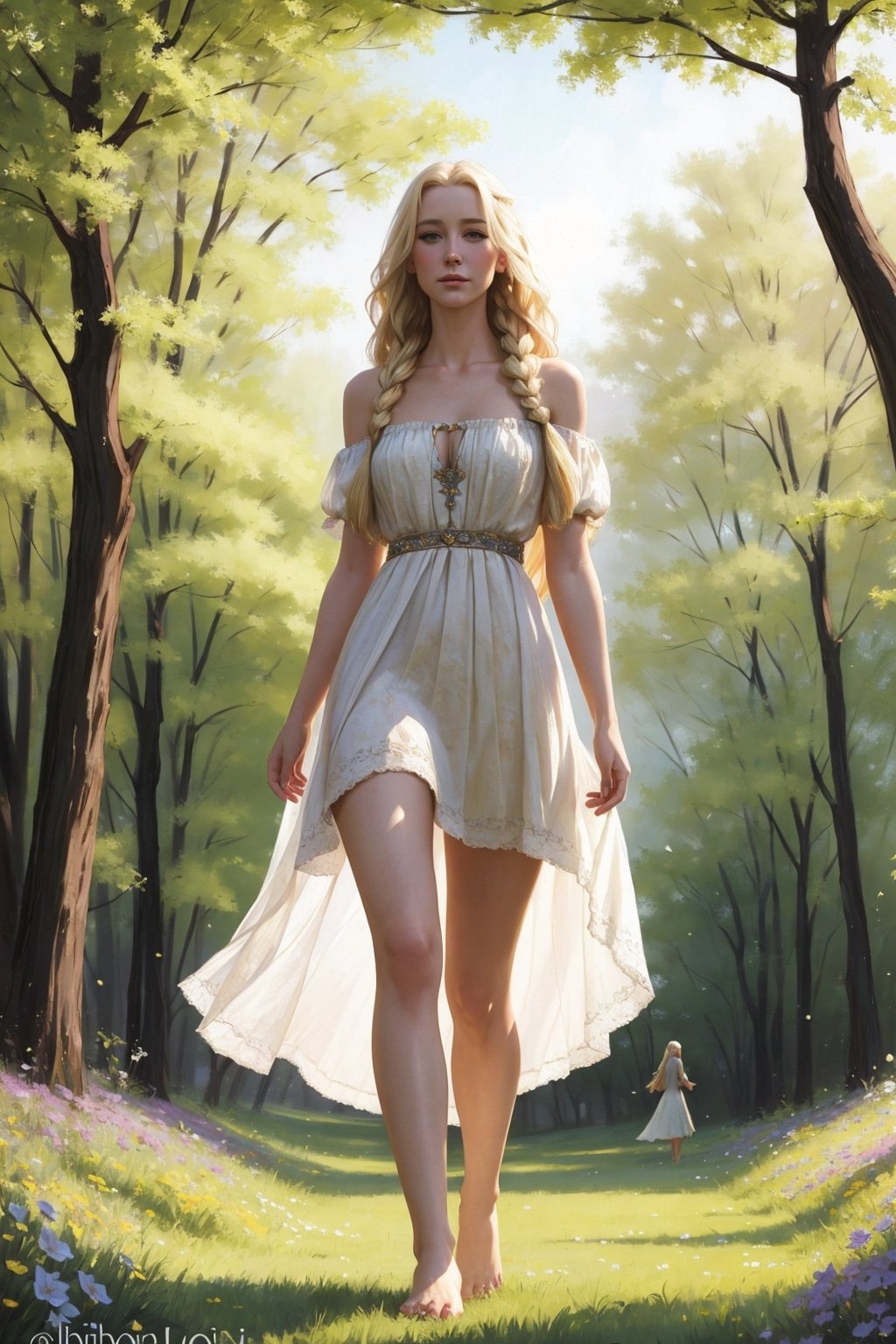 Portrait of a 25-year-old girl with long blonde hair, dressed in a dress made of light material, barefoot, standing in a meadow among flowers, looking down,
 brom's art, depiction of an epic fantasy character, portrait of a character, fantasy art, works by Richard Schmid, A.Mukha, Volegov, impressionism