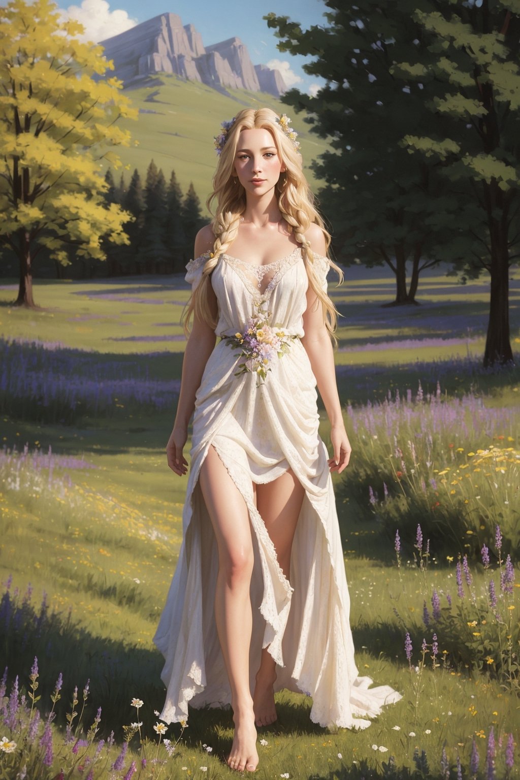 Portrait of a 25-year-old girl with long blonde hair, dressed in a dress made of light material, barefoot, standing in a meadow among flowers,  contrapposto,
 brom's art, depiction of an epic fantasy character, portrait of a character, fantasy art, works by Richard Schmid, A.Mukha, Volegov, impressionism