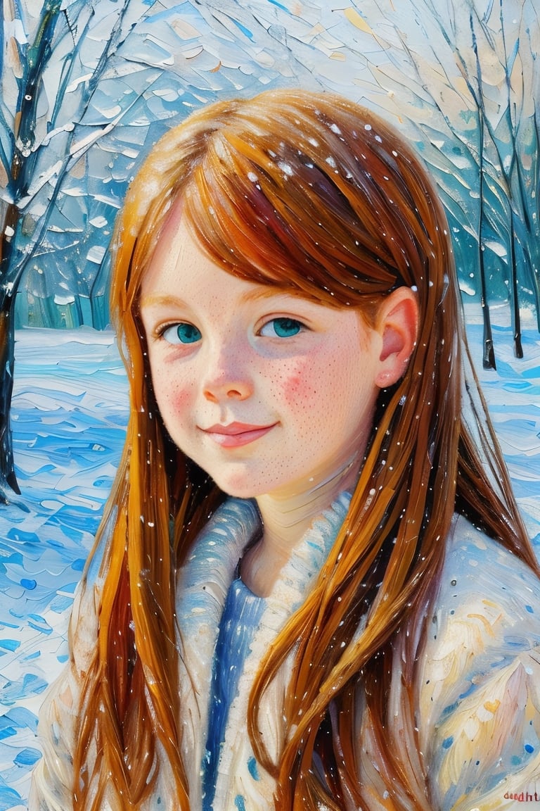Medium portrait of a girl, Winter landscape, a perfect face, freckles, Green Eyes, redhead hair, slight smile, golden hour character portrait (oil painting):1,4, visible paint strokes, Impasto, Perfect composition, (snowfall), snowy evening , ((impressionism))