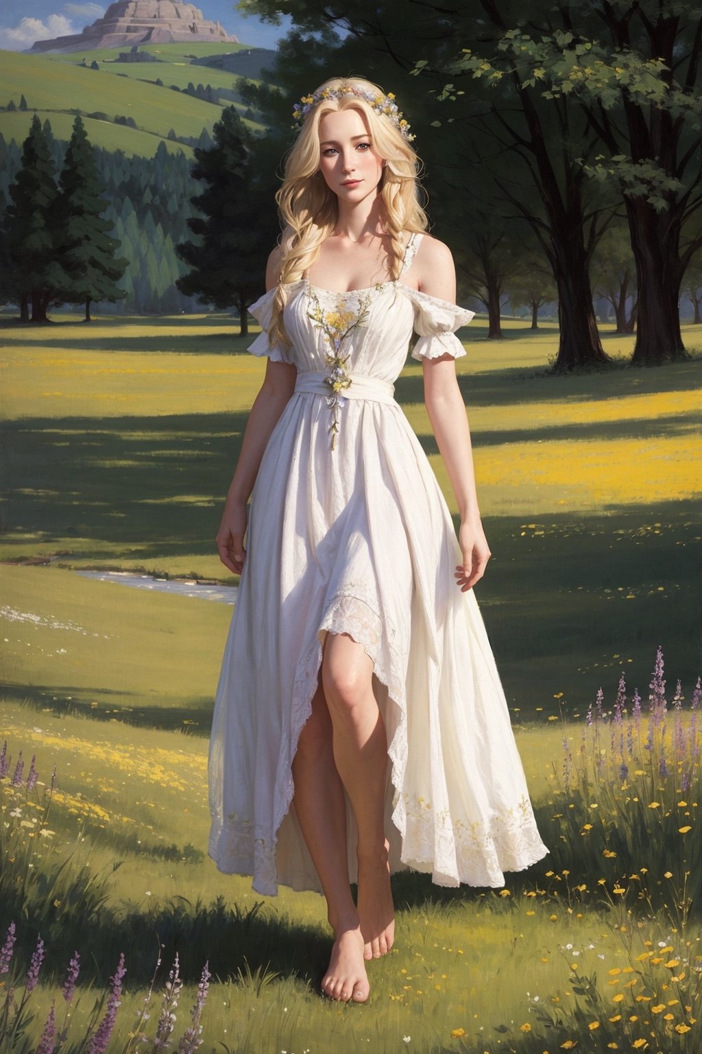 Portrait of a 25-year-old girl with long blonde hair, dressed in a dress made of light material, barefoot, standing in a meadow among flowers,looking at her feet,
 brom's art, depiction of an epic fantasy character, portrait of a character, fantasy art, works by Richard Schmid, A.Mukha, Volegov, impressionism