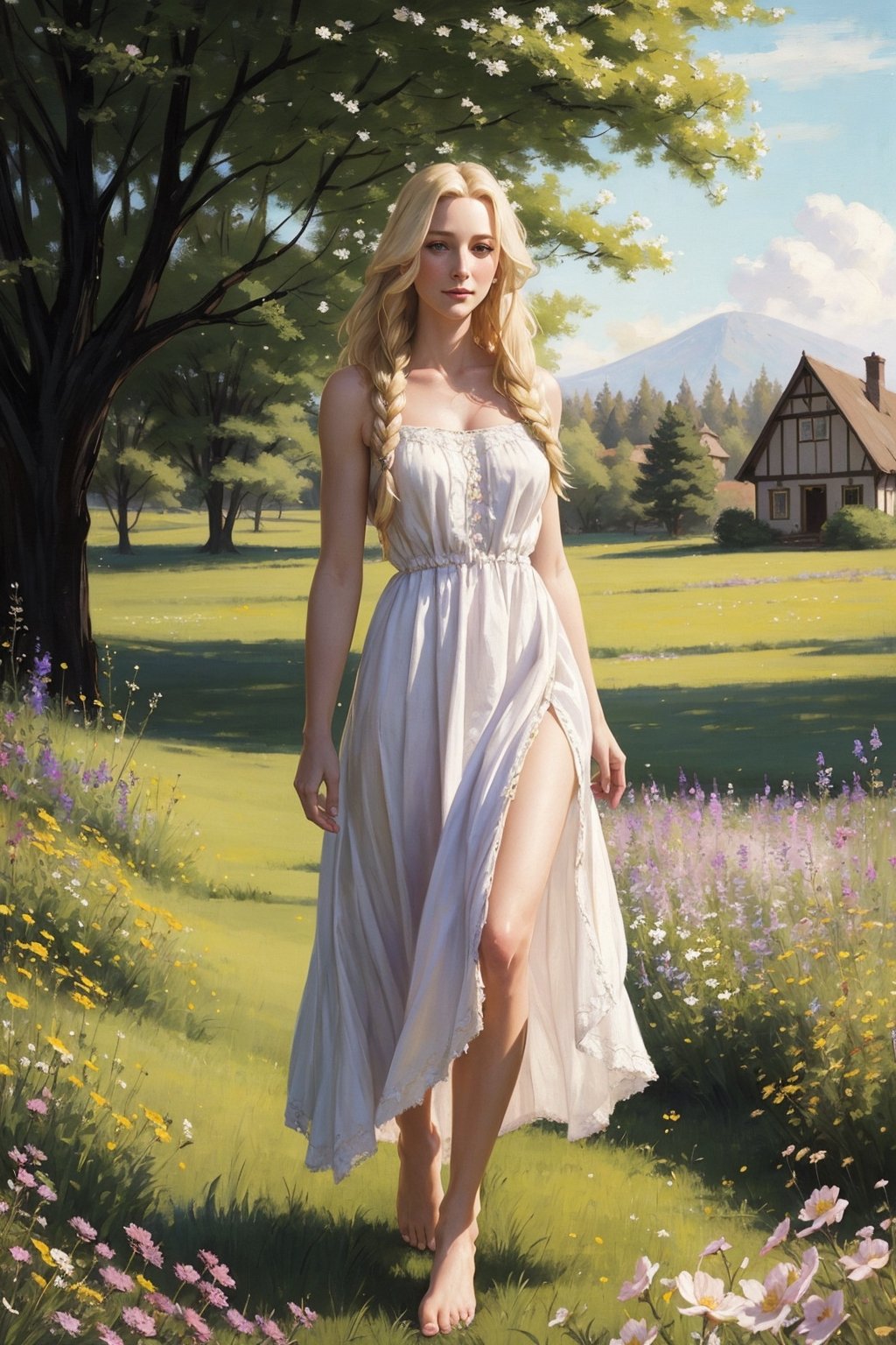 Portrait of a 25-year-old girl with long blonde hair, dressed in a dress made of light material, barefoot, standing in a meadow among flowers,looking at the house,
 brom's art, depiction of an epic fantasy character, portrait of a character, fantasy art, works by Richard Schmid, A.Mukha, Volegov, impressionism