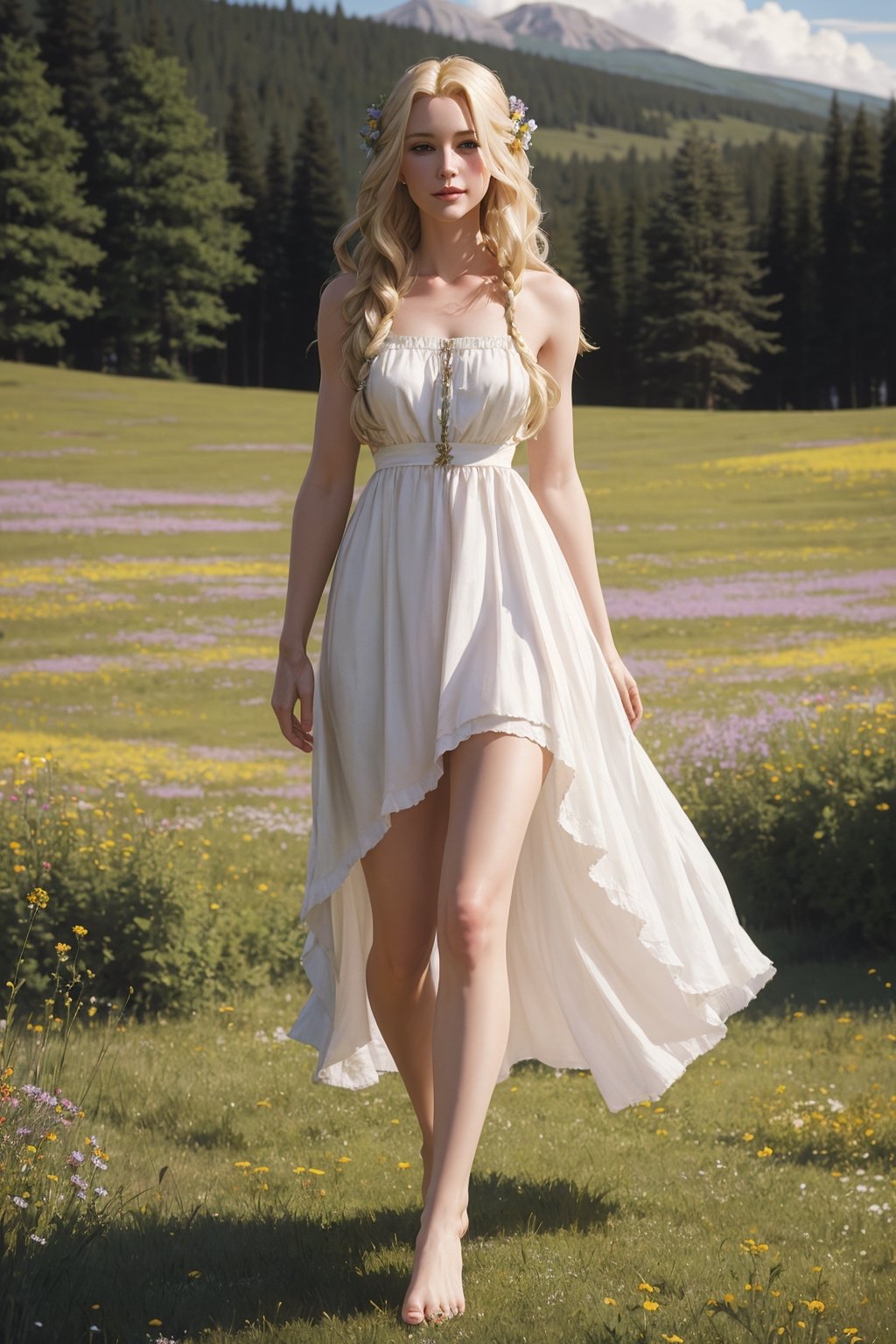 Portrait of a 25-year-old girl with long blonde hair, dressed in a dress made of light material, barefoot, standing in a meadow among flowers,  casual pose и posing,

 brom's art, depiction of an epic fantasy character, portrait of a character, fantasy art, works by Richard Schmid, A.Mukha, Volegov, impressionism