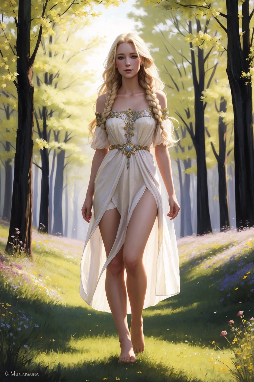 Portrait of a 25-year-old girl with long blonde hair, dressed in a dress made of light material, barefoot, standing in a meadow among flowers,  contrapposto,
 brom's art, depiction of an epic fantasy character, portrait of a character, fantasy art, works by Richard Schmid, A.Mukha, Volegov, impressionism
