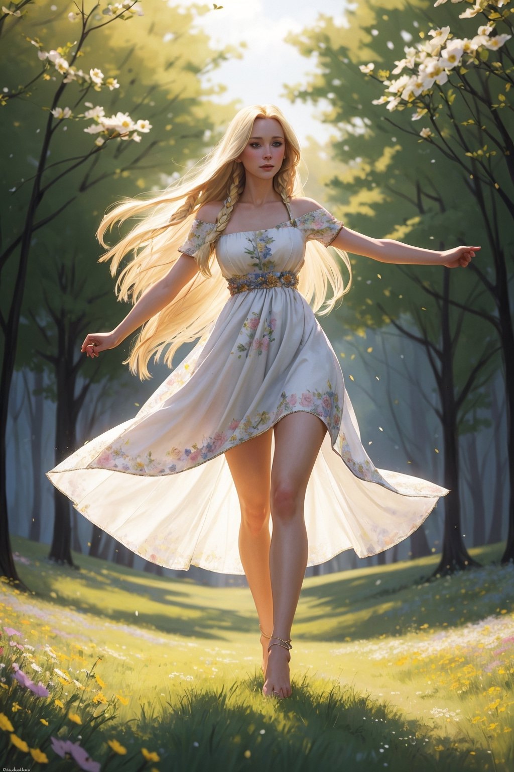 Portrait of a 25-year-old girl with long blonde hair, dressed in a dress made of light material, barefoot, standing in a meadow among flowers,  dynamic pose,

 brom's art, depiction of an epic fantasy character, portrait of a character, fantasy art, works by Richard Schmid, A.Mukha, Volegov, impressionism