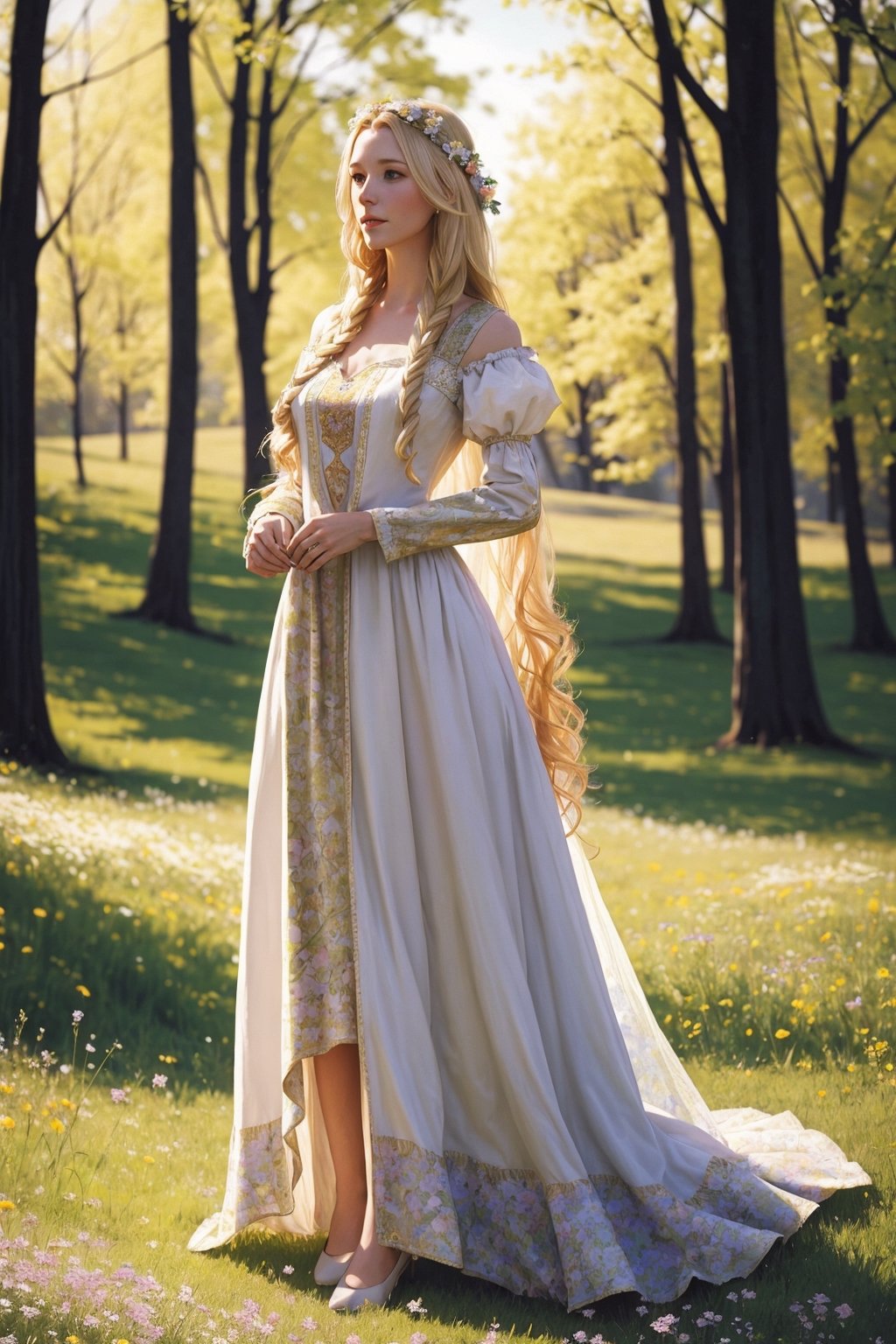 Portrait of a 25-year-old girl with long blonde hair, dressed in a dress made of light material, standing in a meadow among flowers, Low-Angle Shot,
Brome art, image of an epic fantasy character, portrait of a character, fantasy art, works by Richard Schmid, A.Mucha, Volegov, Impressionism